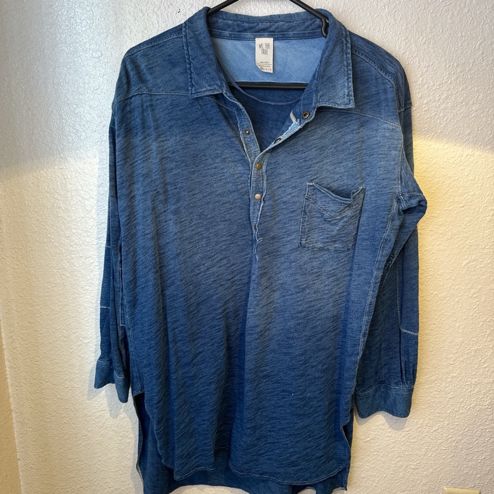 Free People Indigo Blue Long Sleeve Henley Pullover
